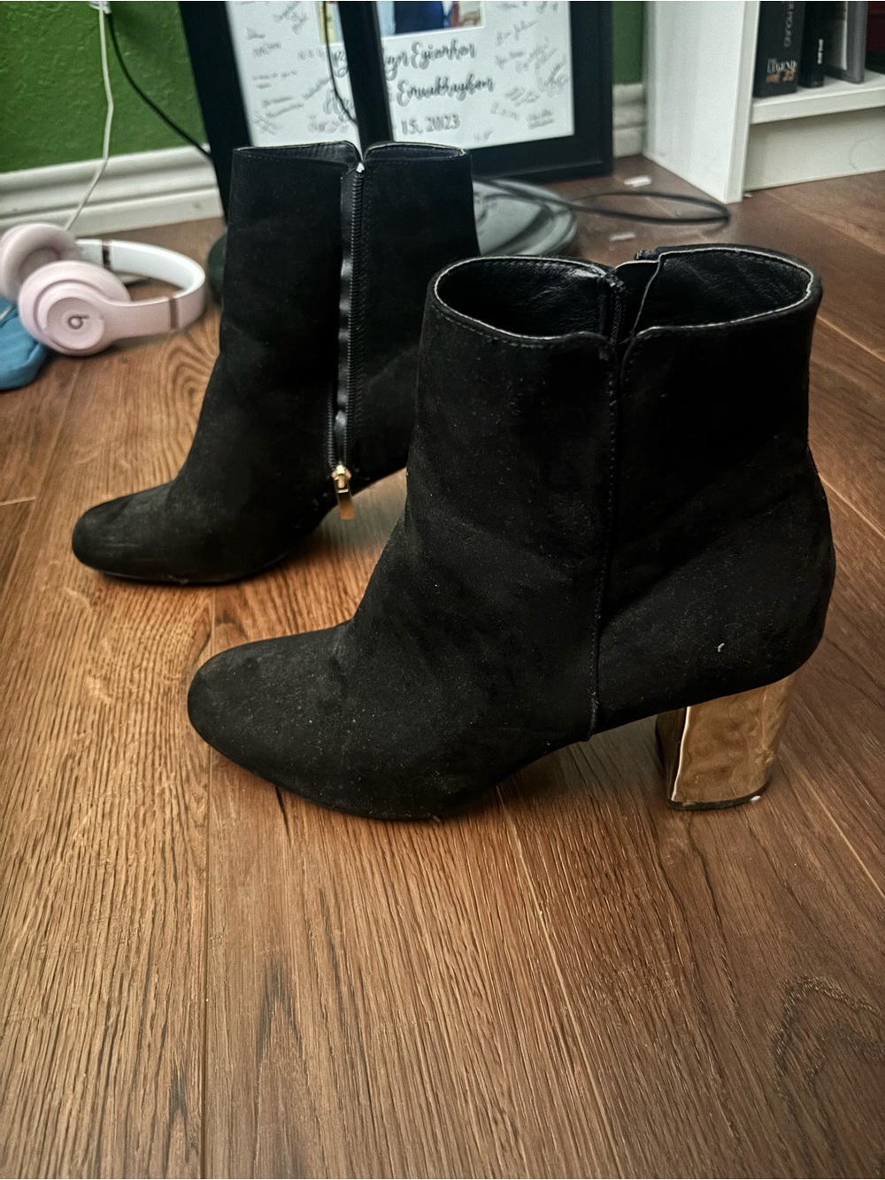Women's Black Suede Ankle Boots with Metallic Block Heel